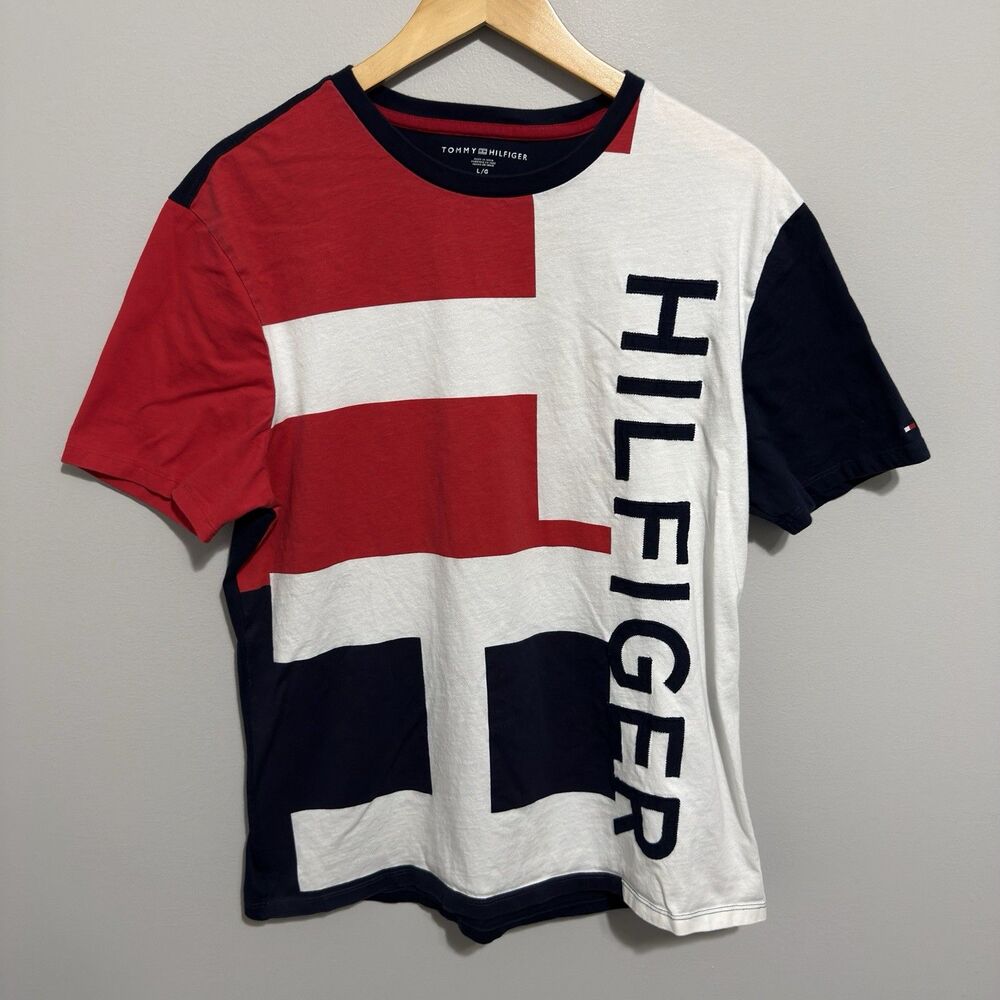 Tommy Hilfiger Shirt AOP Graphic Tee Mens Large White Red Blue Colorblock
